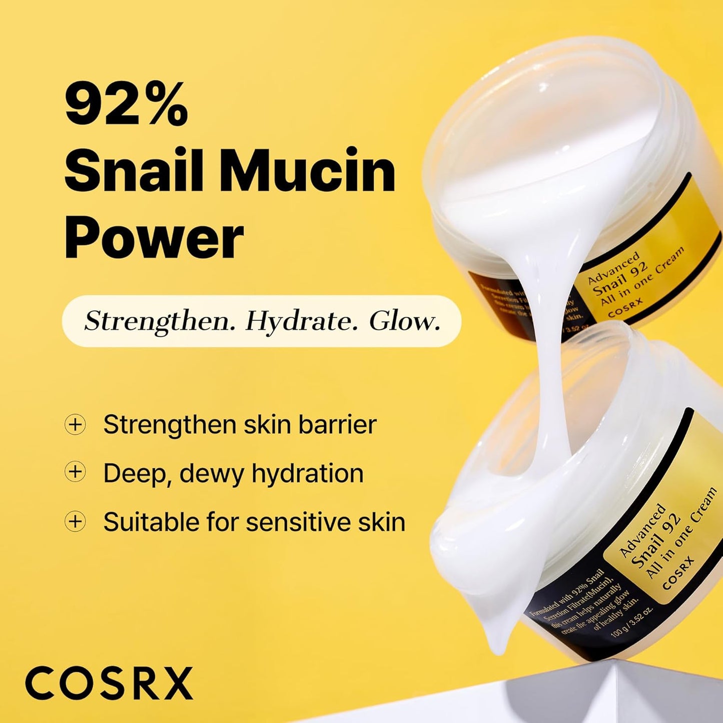 COSRX Snail Mucin 92% Face Moisturizer Cream -  Lightweight Moisturing Cream for Soft & Glowy Skin
