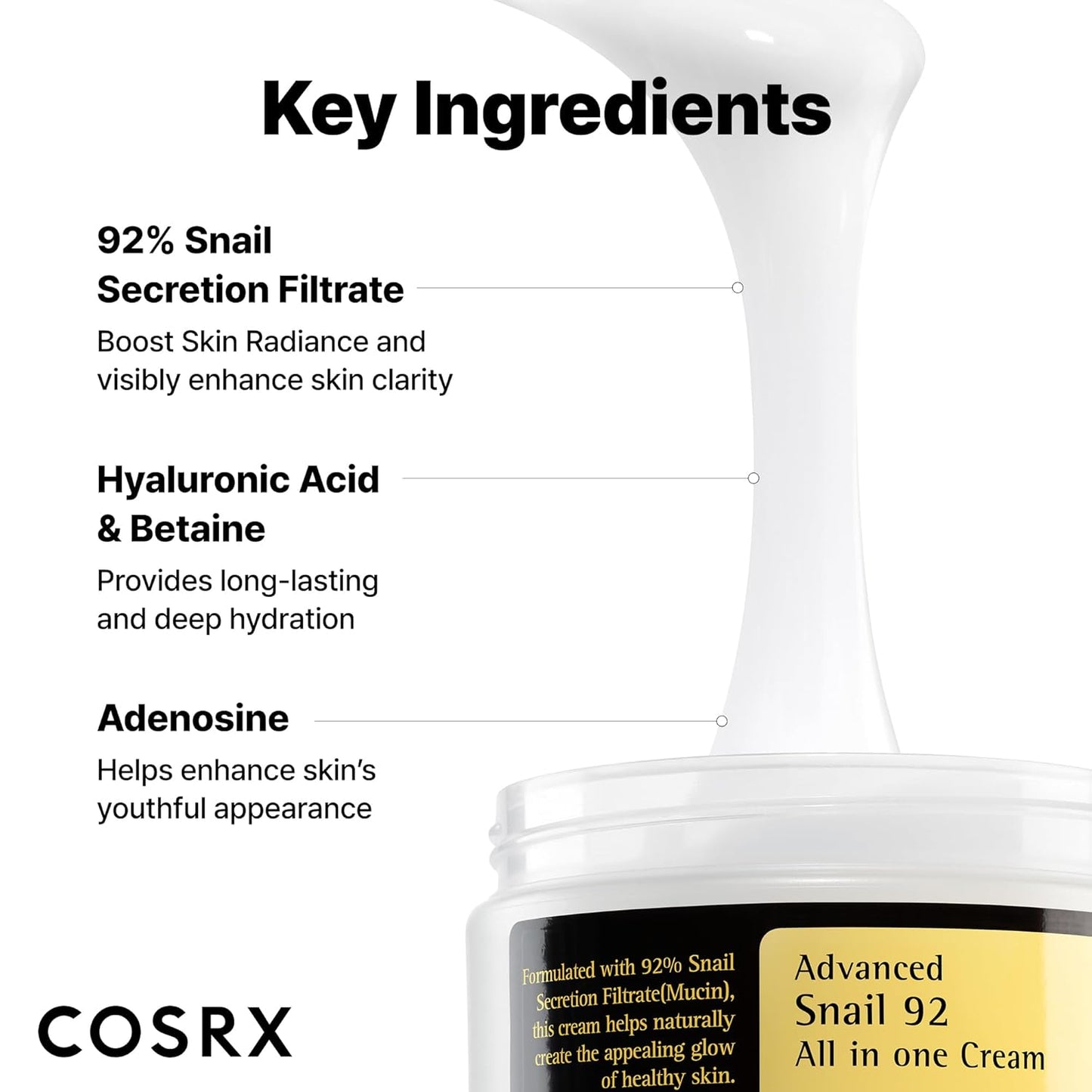 COSRX Snail Mucin 92% Face Moisturizer Cream -  Lightweight Moisturing Cream for Soft & Glowy Skin