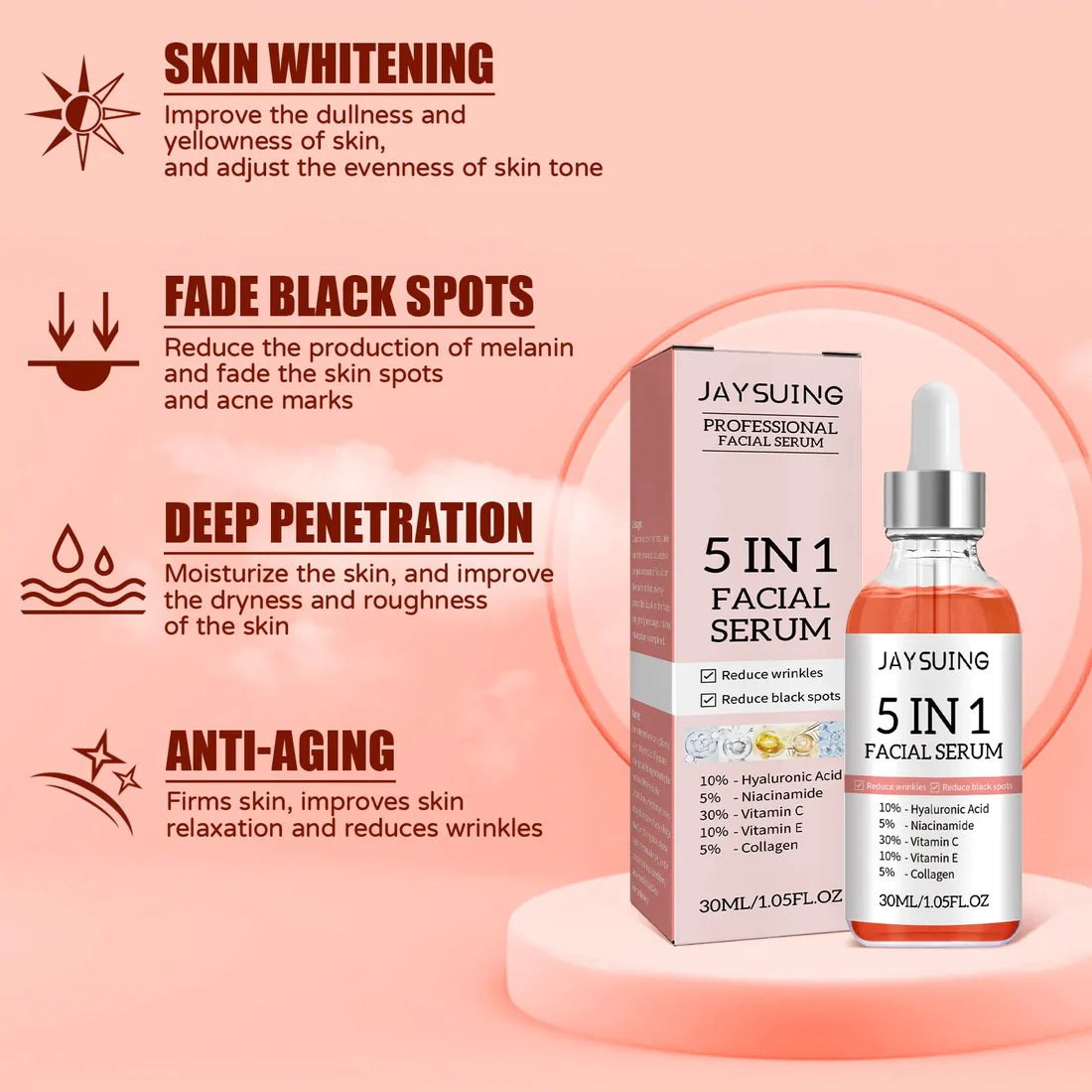 5 In 1 Anti-Aging Serum With Vitamin C, Vitamin E, Hyaluronic Acid, Collagen & Niacinamide For Facial Moisturizing, Firming Skin & Even Skin Tone