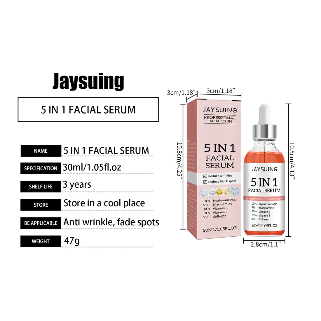 5 In 1 Anti-Aging Serum With Vitamin C, Vitamin E, Hyaluronic Acid, Collagen & Niacinamide For Facial Moisturizing, Firming Skin & Even Skin Tone