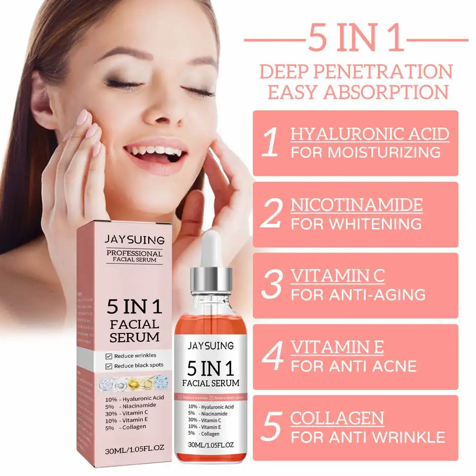 5 In 1 Anti-Aging Serum With Vitamin C, Vitamin E, Hyaluronic Acid, Collagen & Niacinamide For Facial Moisturizing, Firming Skin & Even Skin Tone